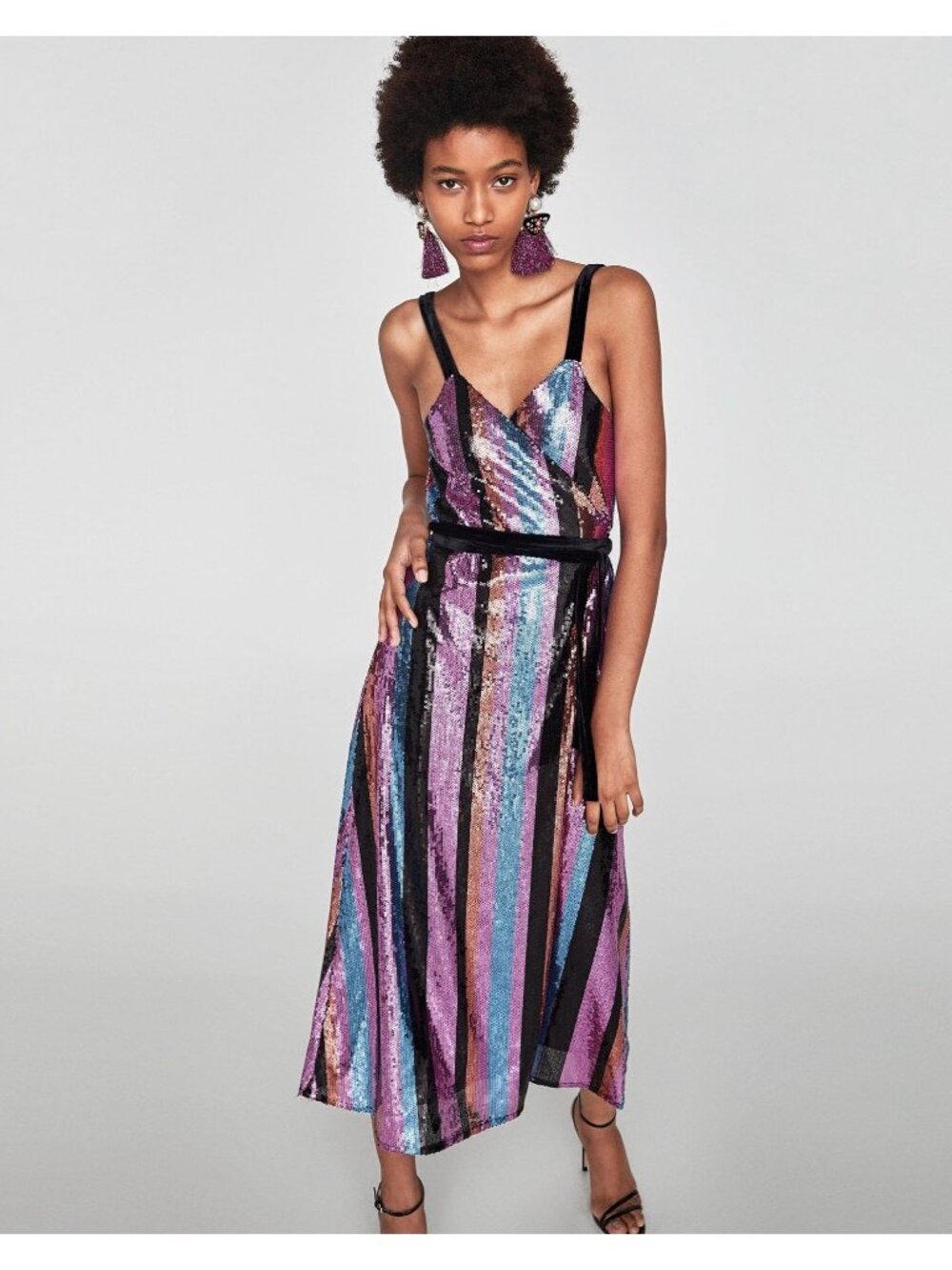NWT Zara Vibrant Sequin Crossover Wrap Midi Dress Striped Multicolor Small